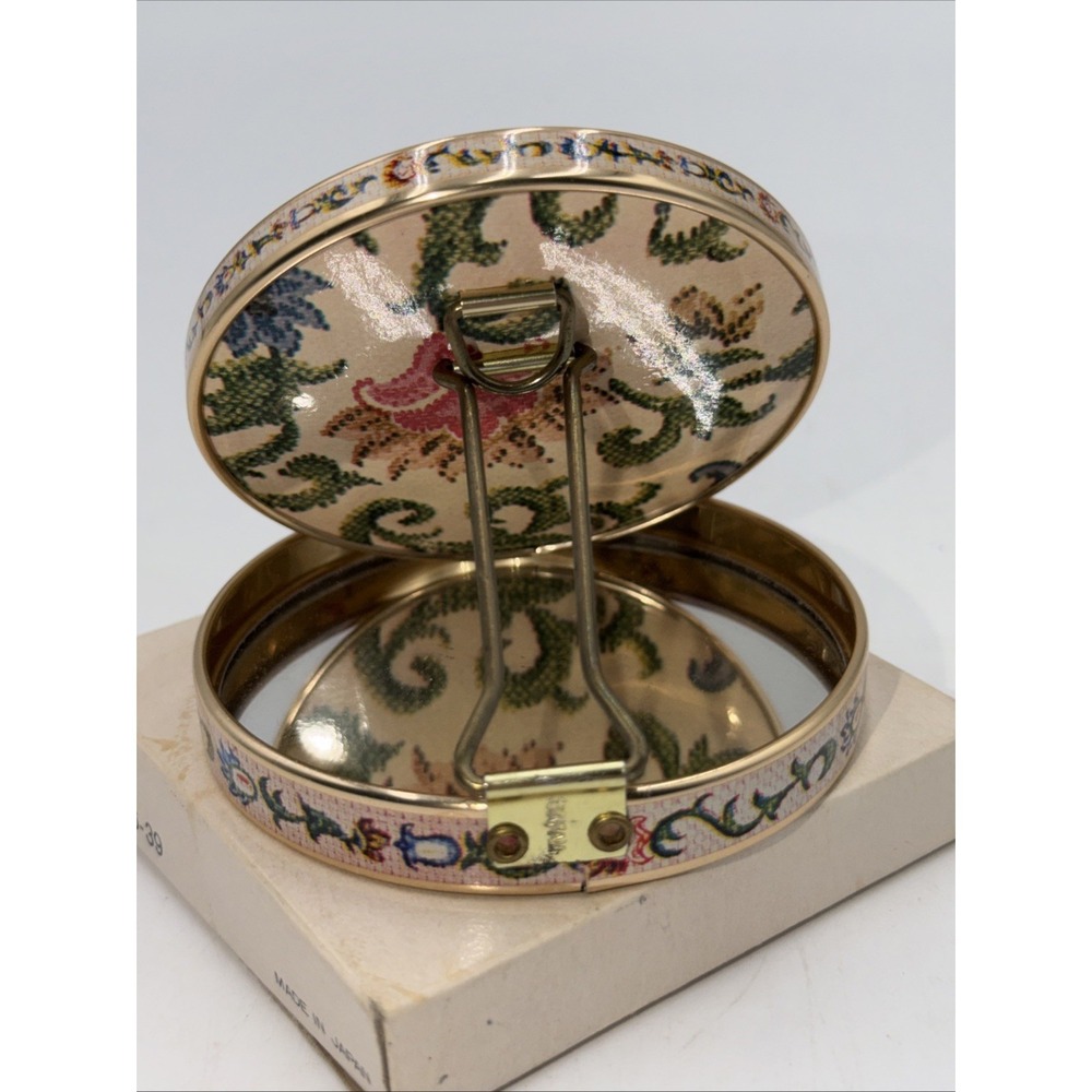 Vtg 60s Japan Round Folding Double-Mirror Compact W/Stand CrossStitch Floral Box - Picture 5 of 10